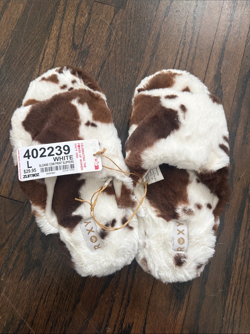 Roxy Brown & White Cow-Print Fuzzy Slippers